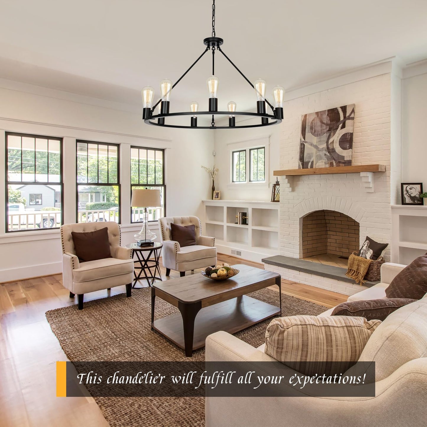 Senyshilon 9-Lights Farmhouse Chandelier | Dia 32'' Black Wagon Wheel Chandelier | Rustic Hanging Dining Room Light Fixture | Apply to Living Room | Kitchen Island | Entryway | Foyer
