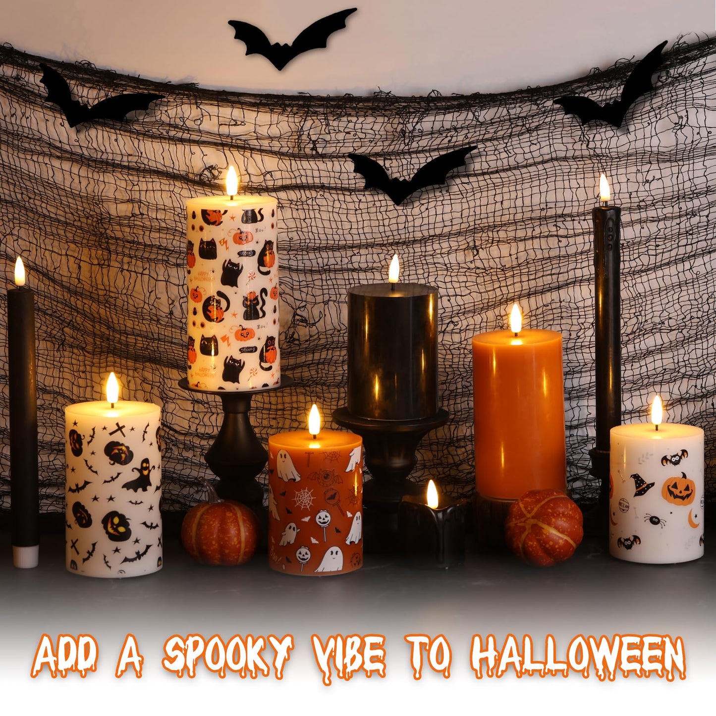 Girimax Black Halloween Flameless Candles with Remote, LED Pillar Candles Set of 3, Flickering Real Wax Electric Candles Battery Operated