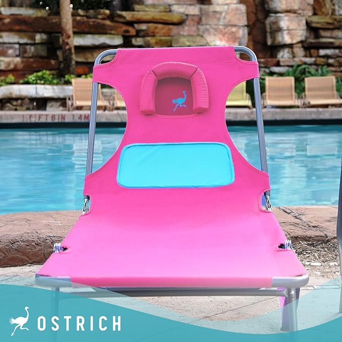Ostrich Ladies Comfort Lounger with Chest Support, Portable Reclining Outdoor Patio Beach Lawn Camping Pool Tanning Chair, Pink, Chaise Lounge Only