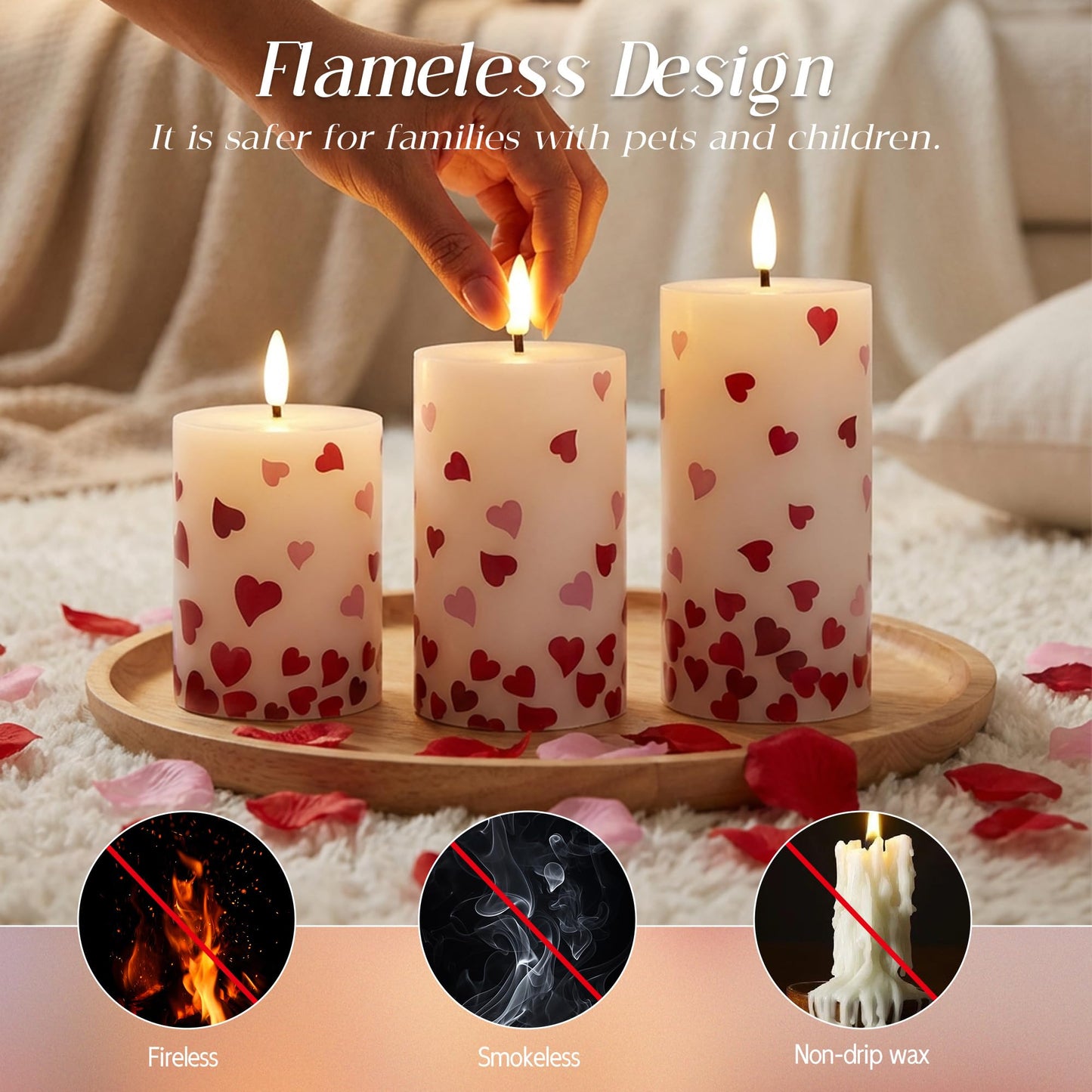 JOIONE Valentines Day Flameless Pillar Candles with Remote Set of 3, Battery Operated Real Wax LED Heart Stickers Candle, Perfect for Romantic Date Night, Wedding and Home Décor, Heart Stickers