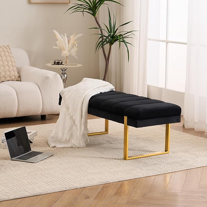 AIITTCC Velvet Ottoman Bedroom Bench, 46.5" Tufted Padded End of Bed Bench with Gold Legs, Upholstered Shoe Bench for Living Room Entryway Window (Black, 46" Wide)