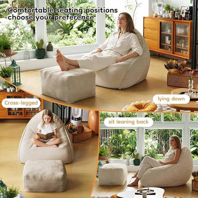Cloud Large Bean Bag Chair with Ottoman, Corduroy Fabric+35D Memory Foam Big Beanbag Chair for Adults,Lounger Chairs Sofa Boneless Puff Chair for Living Room, Bedroom,Balcony,Playroom (Beige)