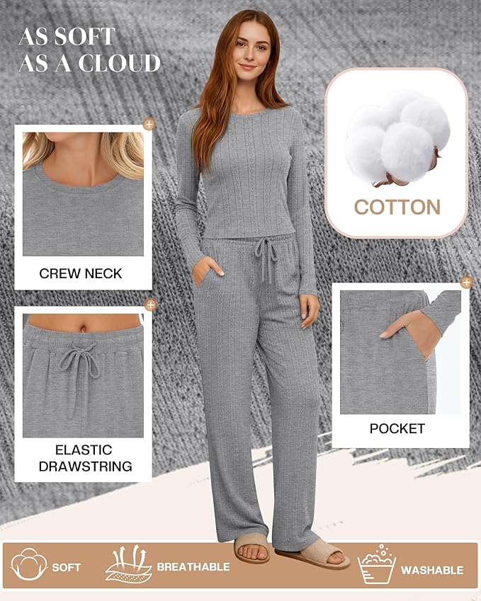 Evervibe Women's 2 Piece Lounge Set Long Sleeve Crew Neck Top Drawstring Wide Leg Pants Casual Tracksuit Matching Set