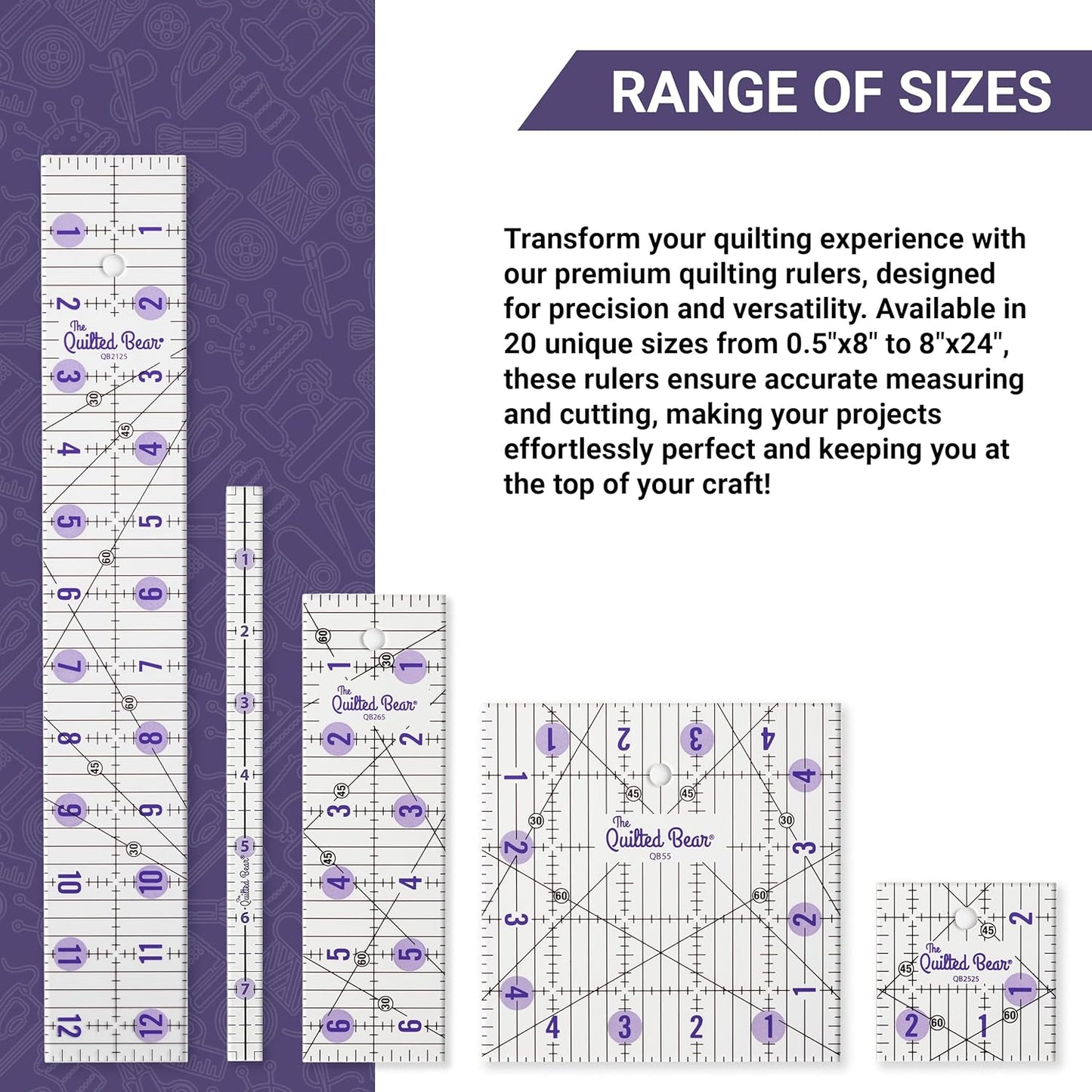 The Quilted Bear Quilting Rulers - Transparent Acrylic Non Slip Quilting, Patchwork & Sewing Ruler with Clear Black Lines & 30, 45 & 60 Degree Angles for Perfect Accuracy & Precision (Shape Ruler)