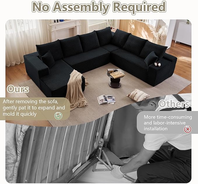 Cloud Sectional Couch with L-Shape Chaise, Upholstered Corduroy Couches Stupendous U Shaped Sofas, Modern Modular Comfy Sofa with Deep Seat for Living Room Bedroom, No Assembly Required, Black