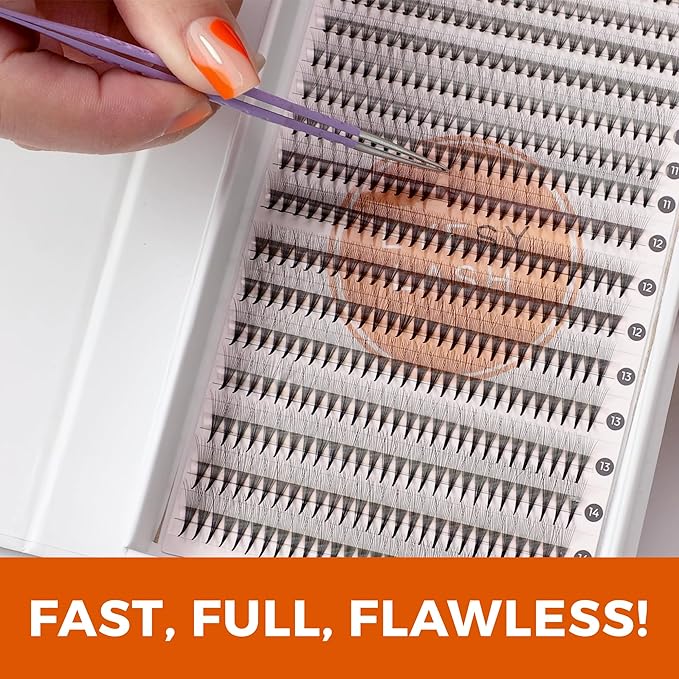 Eyesy Lash 448 Narrow Promade Fans - 10D 0.07mm Thickness CC Curl 9-15mm Mixed Lengths - Mega Volume Eyelash Extension Long Stem Narrow Premade Lash Fans Fluffy Pre Made Eyelash Extension Trays