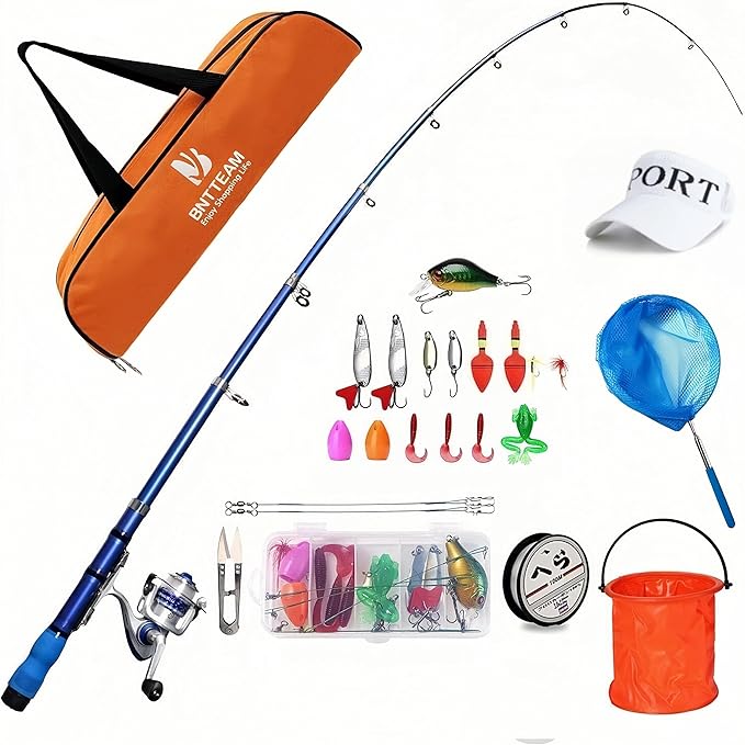 BNTTEAM Portable Fishing Spinning Rod and Reel Combo Set Carbon Fiber Fluorescent Rod Tip, with Fishing Lures Line Carrier...