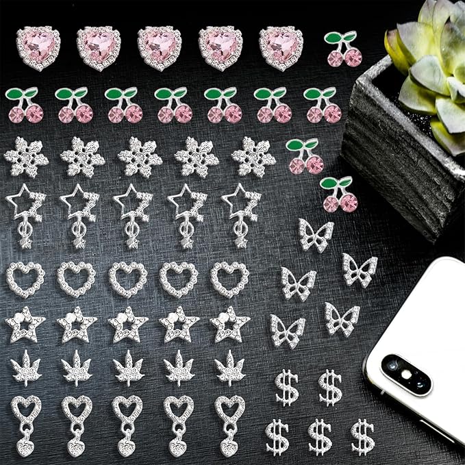 55 Pcs 3D Silver-Pink Nail Charms Y2K Set: Snowflakes, Stars, Dangle Stars, Hearts, Dangle Hearts,Cherries, Maple Leaves, Butterflies, Dollars Silver Nail Charms Y2K