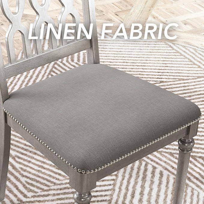 chairus Farmhouse Dining Chairs Set of 4, French Country Wooden Dining Room Chairs with Lattice Back & Nailhead Trim, Upholstered Linen Fabric Kitchen Side Chairs, Grey