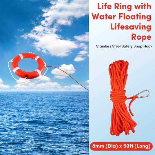 23" Life Ring Boat Safety Throw Ring with Water Floating Lifesaving Rope 50’ and Bracket for Boating Safety - Orange
