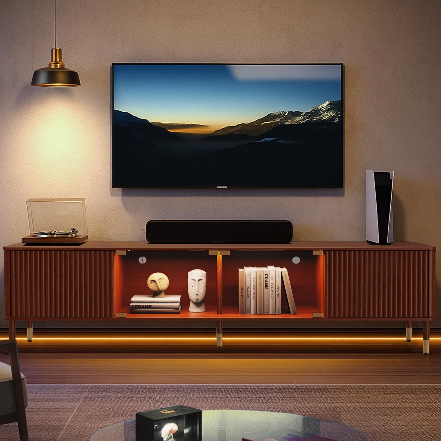 PatioPerk TV Stand for 55 65 Inch TV – Modern Entertainment Center with 4 Storage Cabinets for Living Room, 70 Inch TV Console with LED Lights and Glass Doors, Walnut Brown
