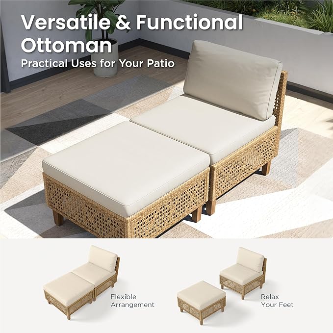 PHI VILLA Sectional Outdoor Couch, Small Patio Furniture Set with Cushions and Acacia Wood Coffee Table, U-Shaped Wicker Outdoor Sofa for Deck or Porch, 6 Seats, Beige