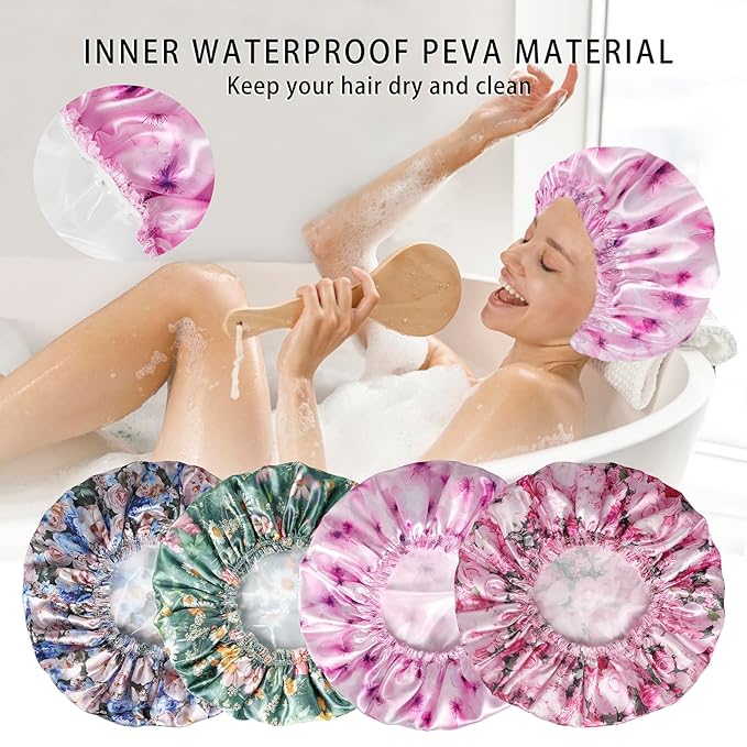 4 PCS Shower Caps for Women, Printing Bath Caps, Double Layers Shower Cap Reusable Waterproof, Bathing Shower Caps, Environmental Protection Hair Bath Hat - Flower B