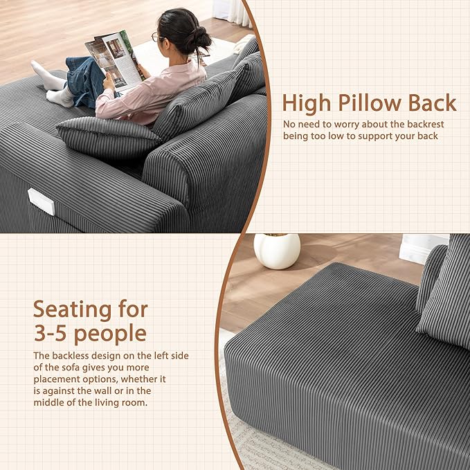 108 '' W Boneless Couch with L-Shape Chaise,No Assembly Required, Upholstery Corduroy Cloud Couch with Deep Seats and 5 Pillows Back, Free Combination (Grey)