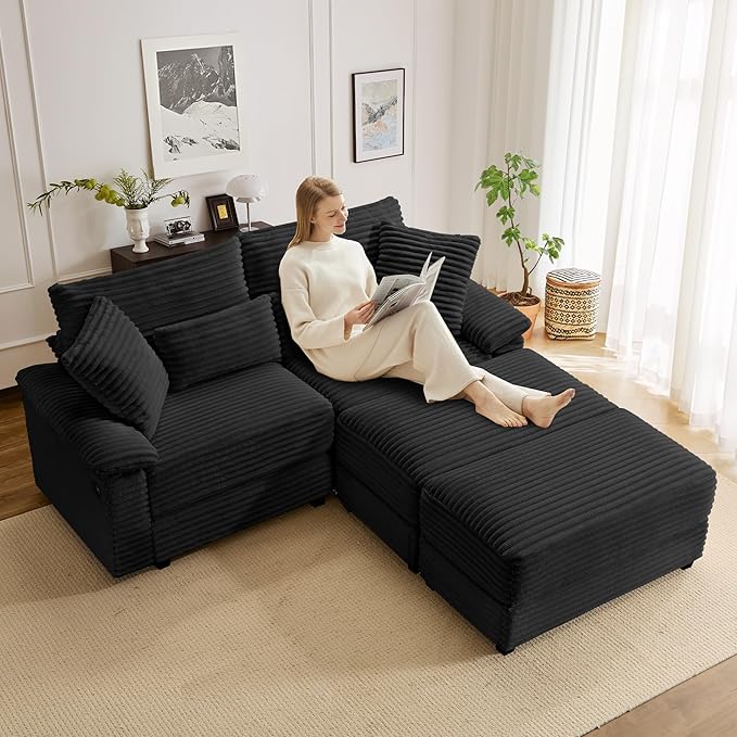 SUNWAVE 74" W Double Chaise Lounge Chair Indoor, Oversized Loveseat with Storage Ottoman, Corduroy Couch with USB Charging, Removable Ottoman, and Coffee Table Cushions for Living Room Bedroom