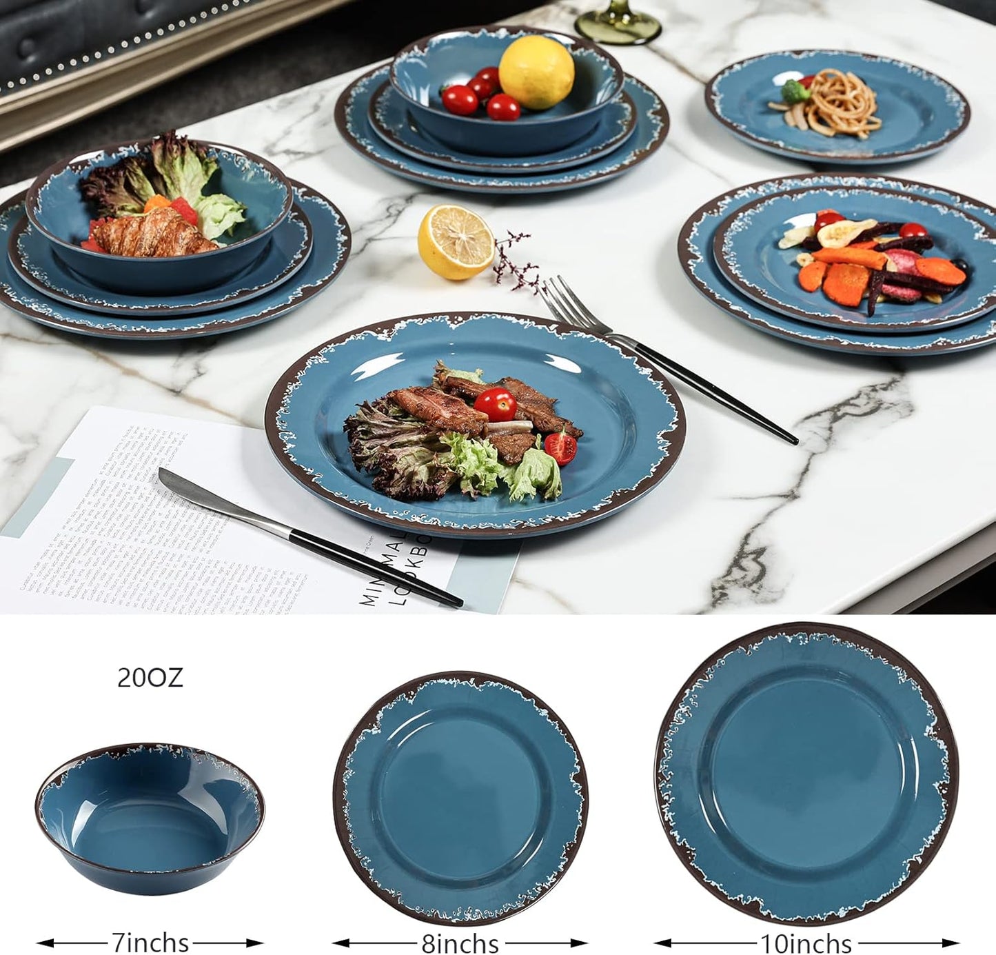 Melamine Dinnerware Set - Yinshine 12-Piece Dishes Set,Shatterproof Plates and Bowls Sets, Lightweight,Unbreakable,Dishwasher Safe,Blue