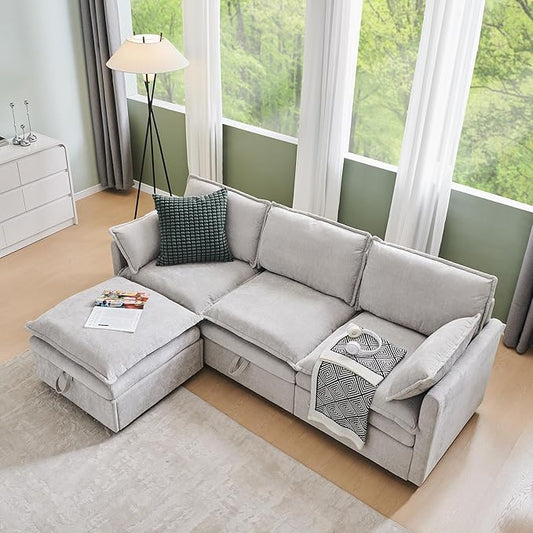 85.83" Sectional Couches for Living Room, Cloud Couch Sectional with Large Storage Ottoman, L-Shape Modular Sectional Sofa with 5 Seater Chenille Sofa and Pillow for Apartment, Bedroom, Light Gery