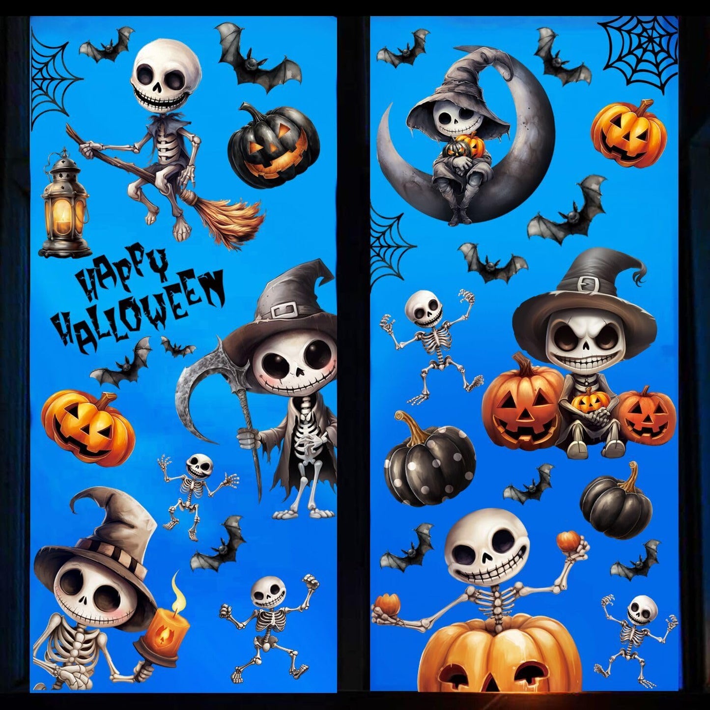 CCINEE 8 Sheet Spooky Skeleton Halloween Window Clings Sticker, Double Sided Skeleton Bat Pumpkin Gel Window Clings for Halloween Party Glass Decals Indoor Mirror Wall Decoration