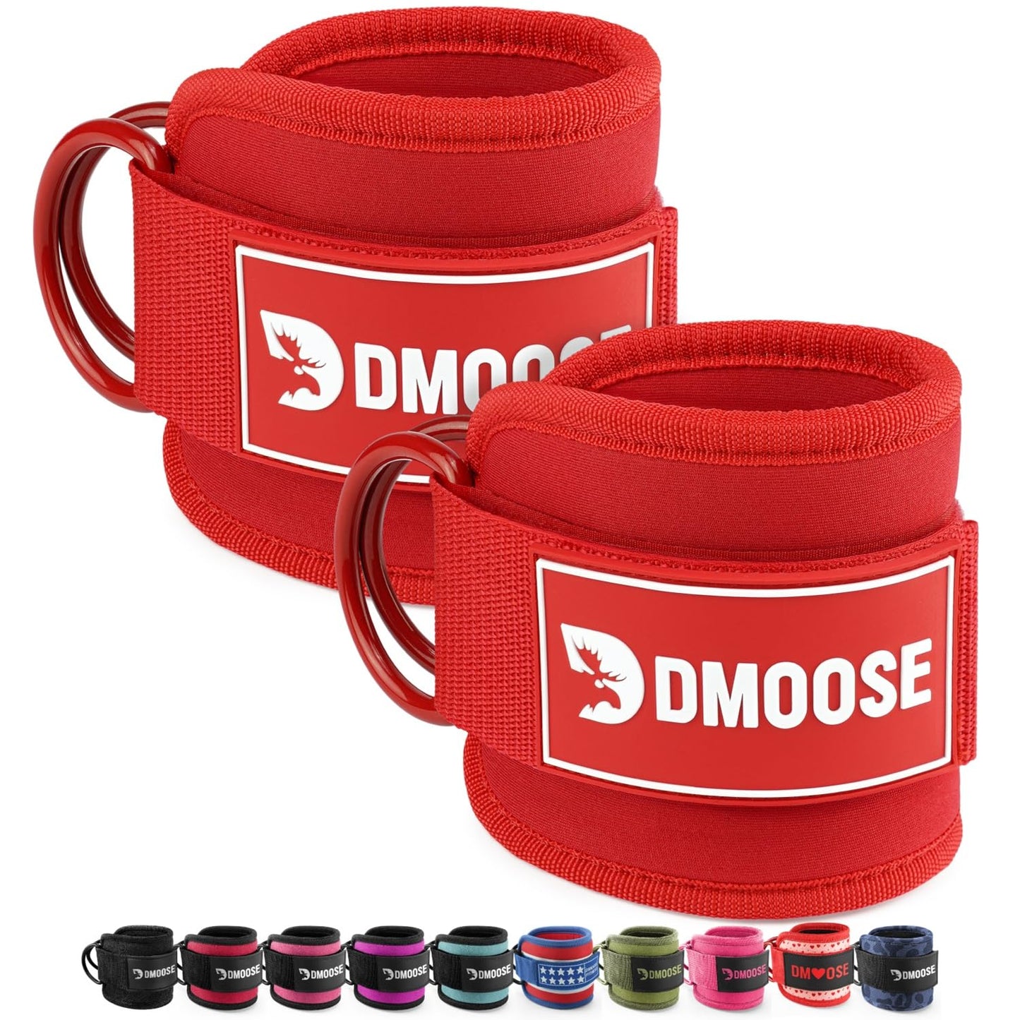 DMoose Fitness Ankle Straps for Cable Machines - One Size Fit Premium Padding, Glute Kickback Ankle Strap for Women & Men, Cable Attachments for Gym, Booty Workouts & Hip Abductors (All Red - Pair)