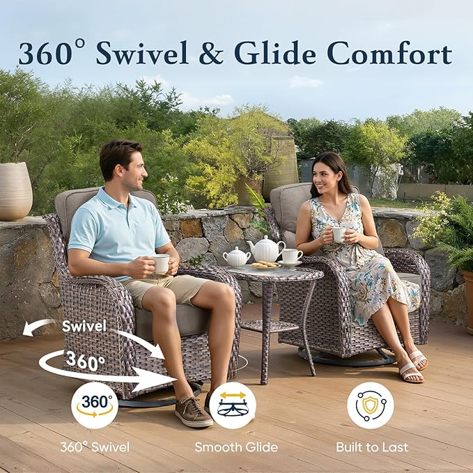 Belord Luxury 6" Thick Cushioned Outdoor Swivel Rocker Chairs Set of 4 with Fire Pit Table, High Back Wicker Patio Furniture Set with Ergonomic Zone Back, Conversation Set for Deck Porch - Brown+Grey
