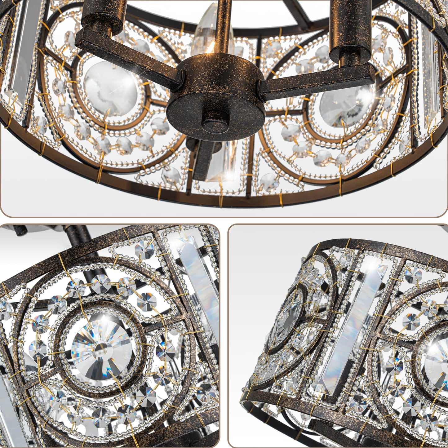 Zicbol Vintage Crystal Drum Chandelier, 3-Lights Bronze Finish Retro Chandelier Lighting Fixtures, Semi Flush Mount Ceiling Light for Dining Room Living Room Bedroom Entryway Etc.