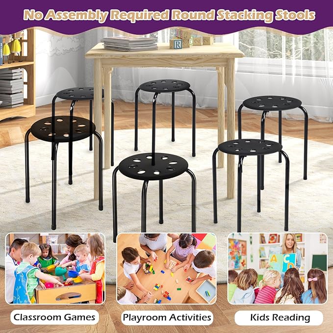 POWERSTONE Stackable Stools Set of 6, 17.5in Portable Stacking Bar Stool Black Classroom Stools with Iron Legs Round Nesting Chairs Flexible Seating for Home Office School