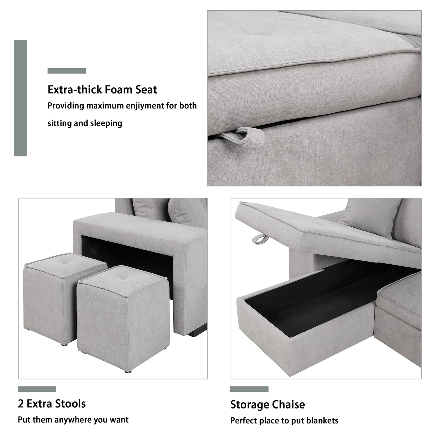 Eafurn 104.5" Reversible Sleeper Sectional Sofa Bed, Tufted L Shaped Convertible Pull Out Sectional Sofa Bed with Storage Chaise Lounge and 2 Stools for Living Room Apartment
