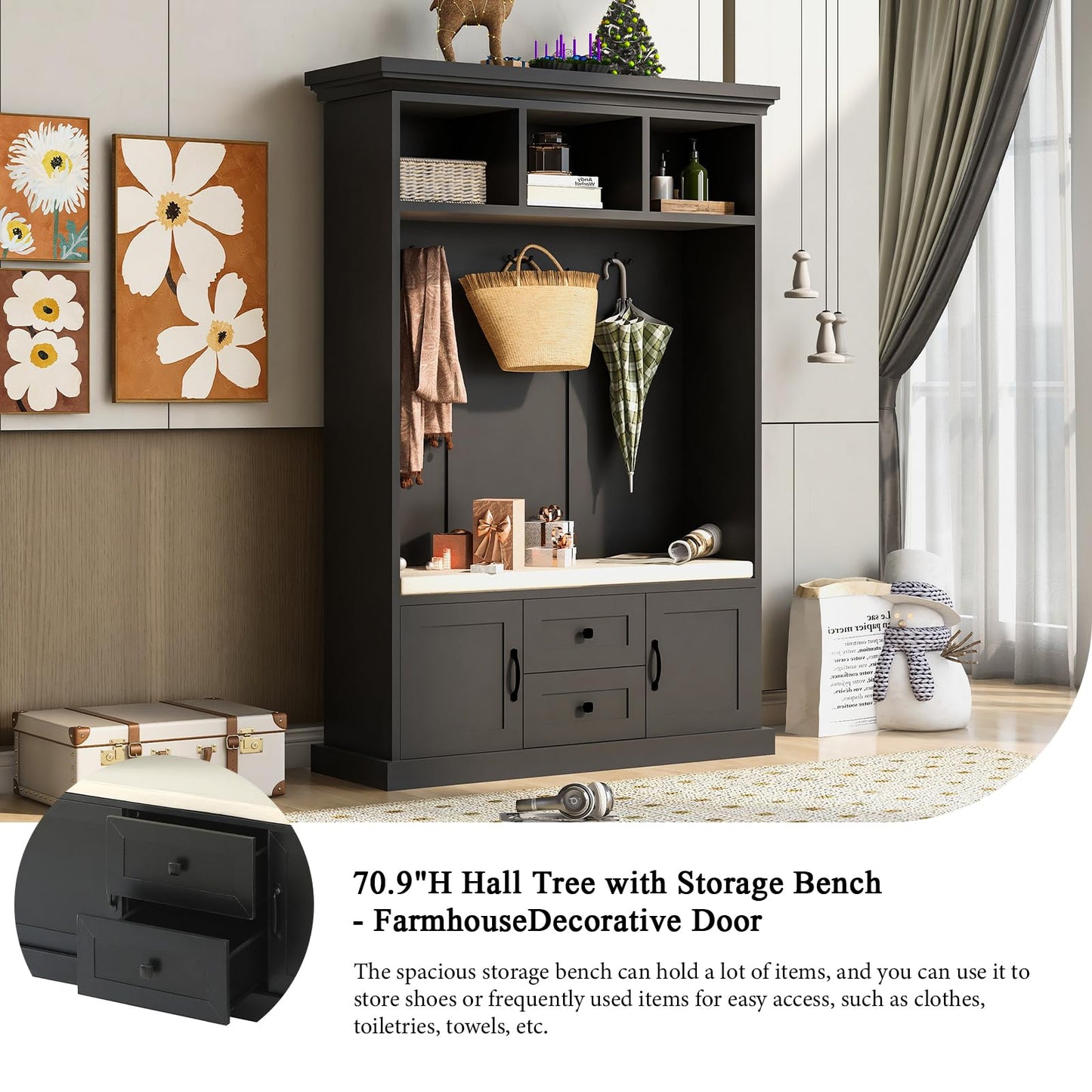 YHAOWORKS Farmhouse Hall Tree with Bench - Entryway Bench with Coat Rack and Storage, Wood Coat Tree Cabinet with Shoe Storage & Stool & Hooks & Door & Drawer for Hallway, Living Room, Mudroom, Black