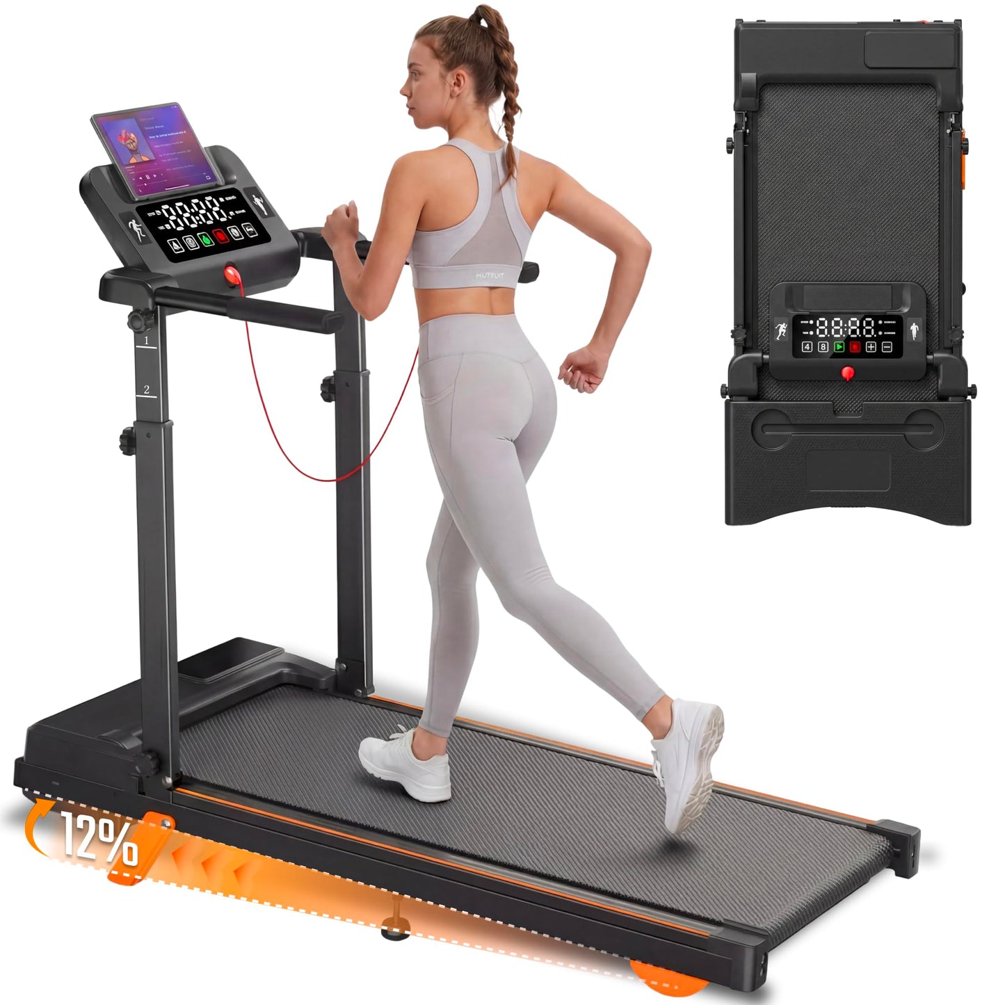 Foldable Walking Pad Treadmill with 12% Incline for Home Small, 3.5HP Under Desk Quiet Treadmill with Handle Bar, Compact Running Machine for 350 Lbs Capacity