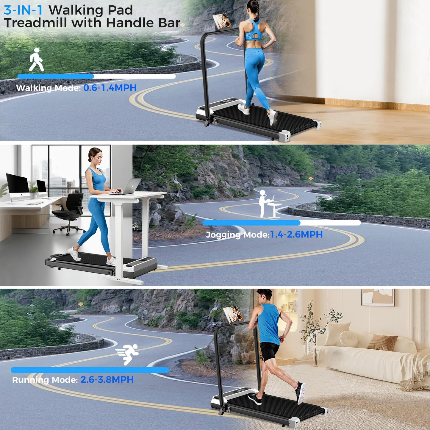 Walking Pad Treadmill with 8% Incline for Home Office,3.0HP Low Noise Portable Folding Under Desk Treadmill with Remote Control,Jogging Running Machine,350 Lbs Capacity,LED Display,Handle Bar