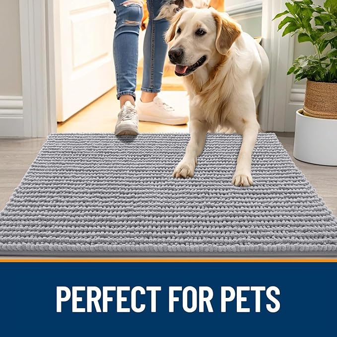 OLANLY Dog Door Mat for Muddy Paws 36x24, Ultra Absorbent Chenille Mud Doormat, Non-Slip Washable and Dirt Trapping Doormat for Indoor Entryway, Quick-Dry Indoor Pet Bed Mats for Dogs, Light Grey