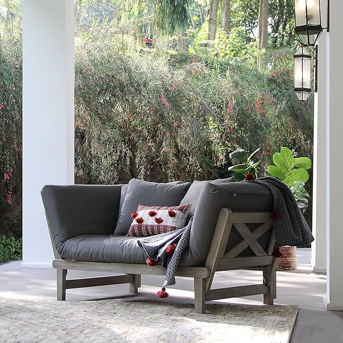 Cambridge Casual West Lake Mahogany Outdoor Convertible Sofa Daybed, Weathered Gray/Gray Cushion