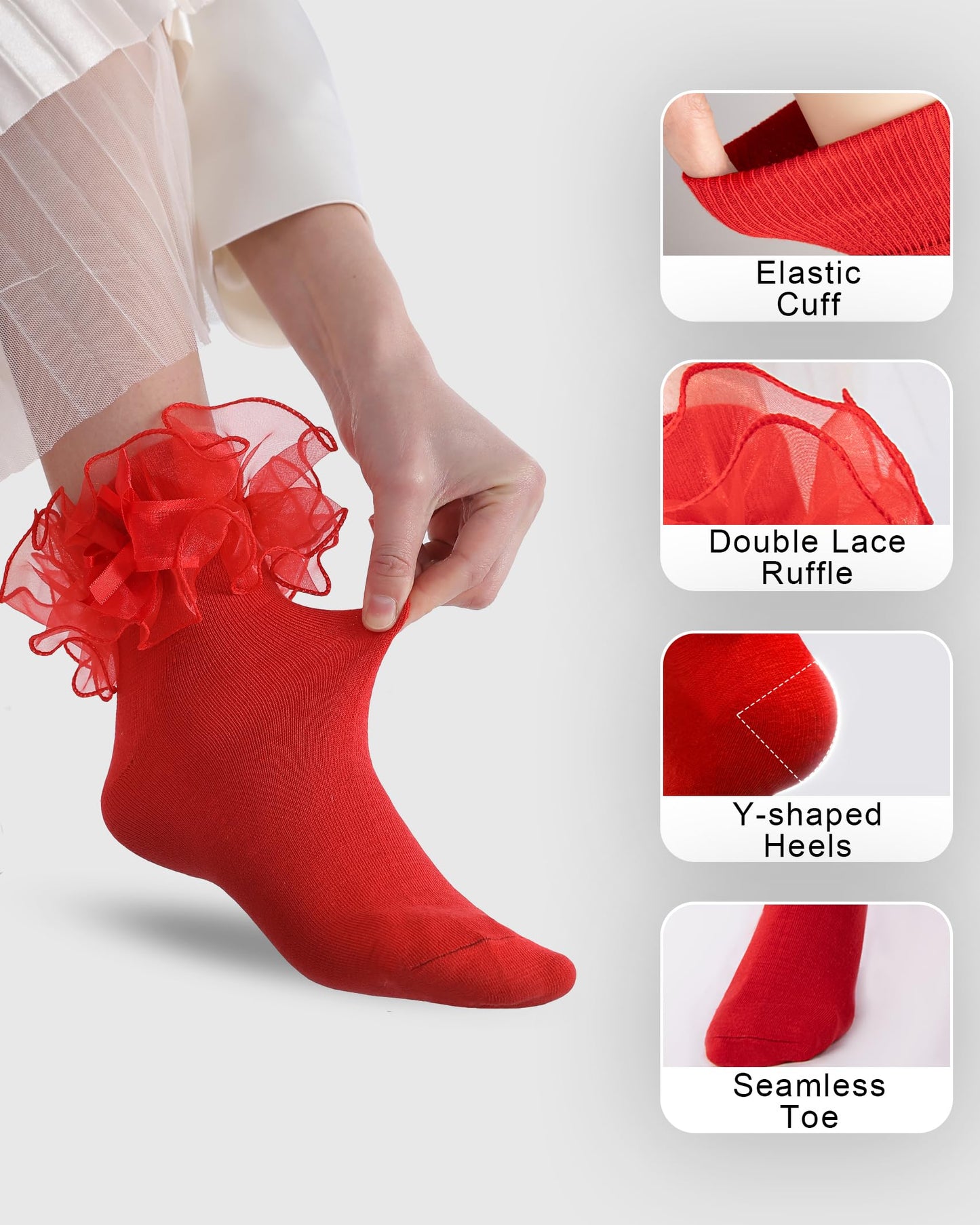 NiceBaby Women's Big Ruffle Socks Double Lace with Bows (White Black Red, Size 9-11)