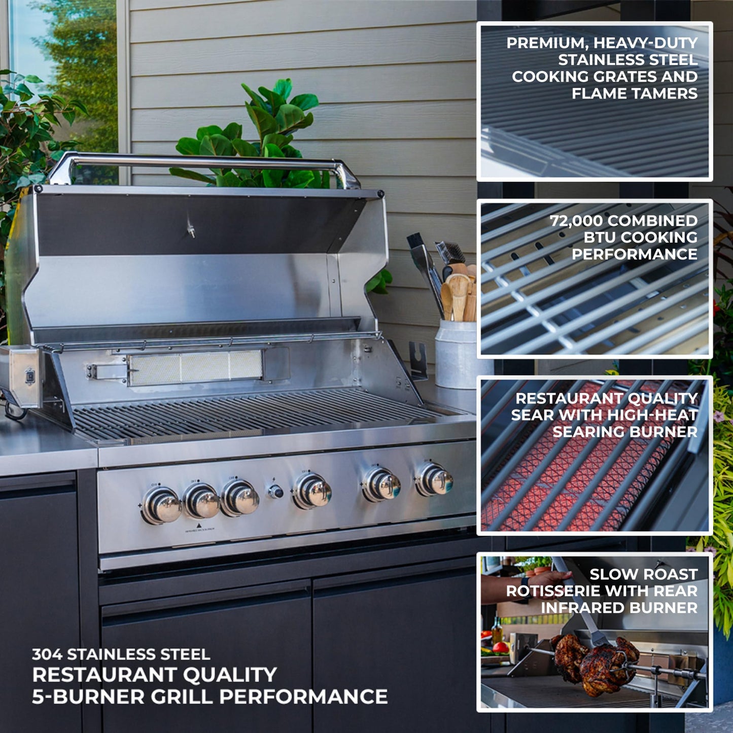 Backyard Discovery Fusion Flame Galvanized Steel Covered Outdoor Kitchen with 5-Burner Stainless, Grill, Refrigerator, Countertop, Storage, and, Roof for All-Season Outdoor Cooking, electric
