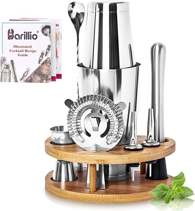 Barillio Elite Mixology Bartender Kit with Stand - Cocktail Shaker Set with Bamboo Stand, Boston Drink Shaker, Mojito Mudd...