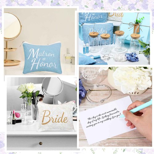 FillTouch 72 Pcs Bridesmaid Proposal Gifts, Will You Be My Bridesmaid, Maid and Matron of Honor Gifts Include Gift Box Glass Cup Makeup Bag Cards Lip Balm Hair Scrunchie Knotted Bracelet(Blue, White)
