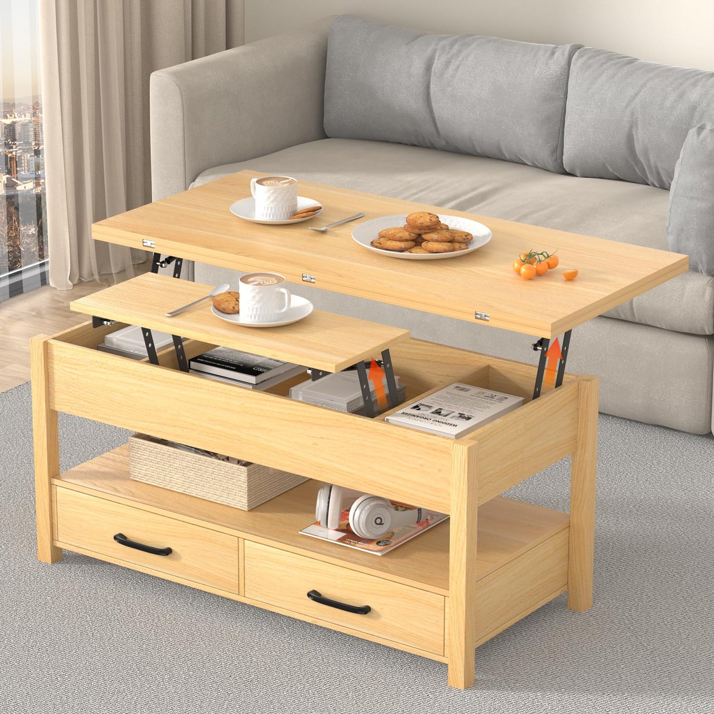 SYESWAY 40'' Lift Top Coffee Table, 4-in-1 Multifunctional Lift Coffee Table with Storage & Hidden Compartments, Farmhouse Coffe Table with Lifting top for Living Room, Dining Reception Room, Wood