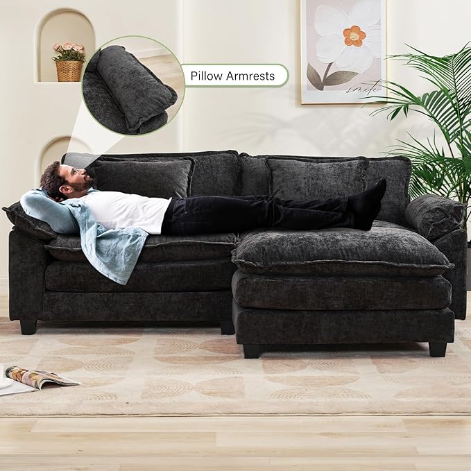 Oprisen 86" Modular Sectional Sofa, Comfy Cloud Couch Sectional Sofa with Ottoman, Chenille Sofa Sleeper Deep Seat Sofa with Throw Pillows for Living Room (Black, 86"- L Shape)