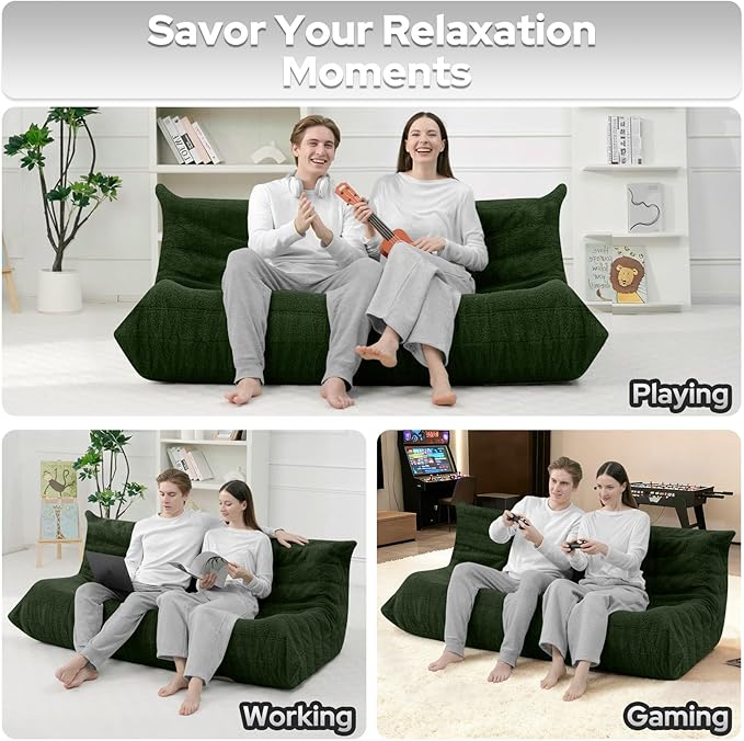 HABUTWAY Bean Bag Chairs Fireside Lazy Floor Sofa, Soft Teddy Fleece 3 Seater Sofa with High-Resilience Foam Filling，Beanbag for Living Room, Bedroom, Office (Green Teddy)