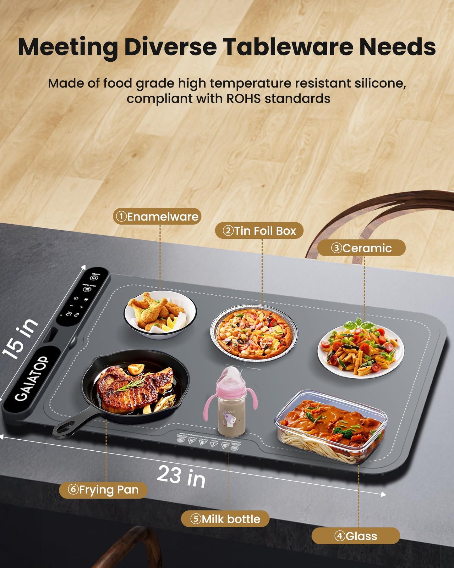 Gaiatop Warming Mat for Food Electric Warming Tray, Fast-Heating Silicone Food Heating Mats for Countertop with 7 Level Temp Adjustable, 8h Timer, Kids Lock, Roll up Heating Tray for Home Travel, Gray