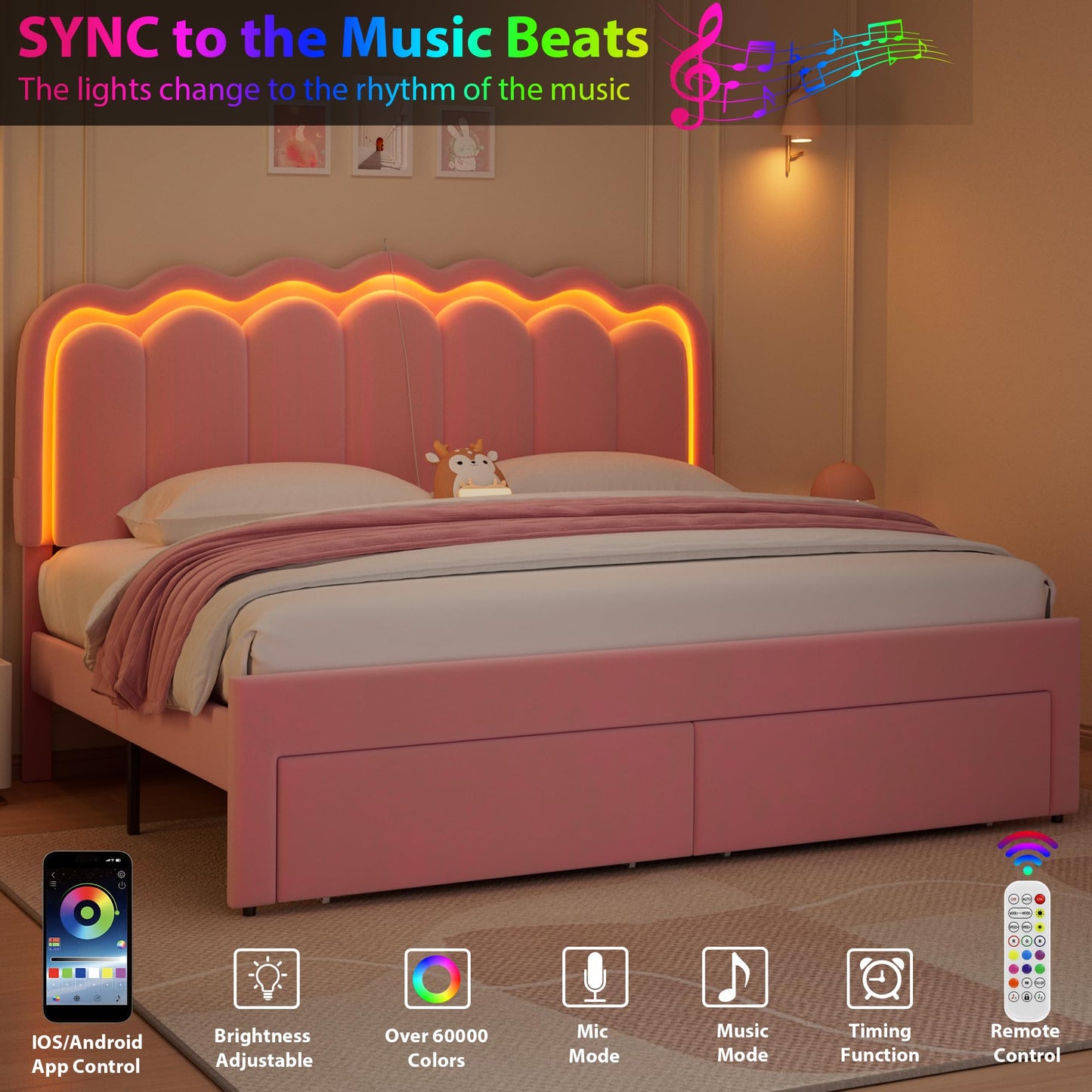 Velvet Upholstered King LED Bed Frame with 2 Storage Drawers and Adjustable Chic Double Wavy Headboard, Princess Platform Bed with Charing Station, Solid Wood Slats Support,No Box Spring Needed,Pink