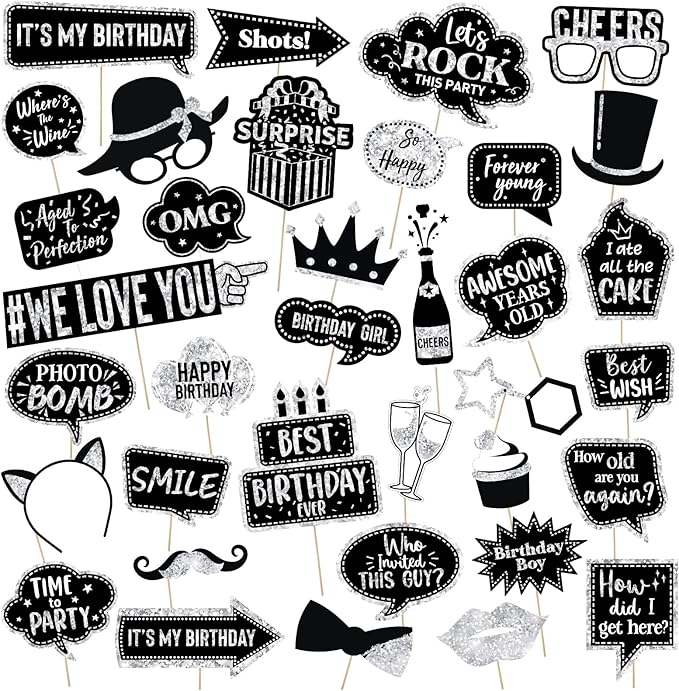 Outus 36 Pcs Birthday Photo Booth Props Kit Happy Birthday Graduation Wedding Party Favors Supplies Bday Party Decor 40th-...