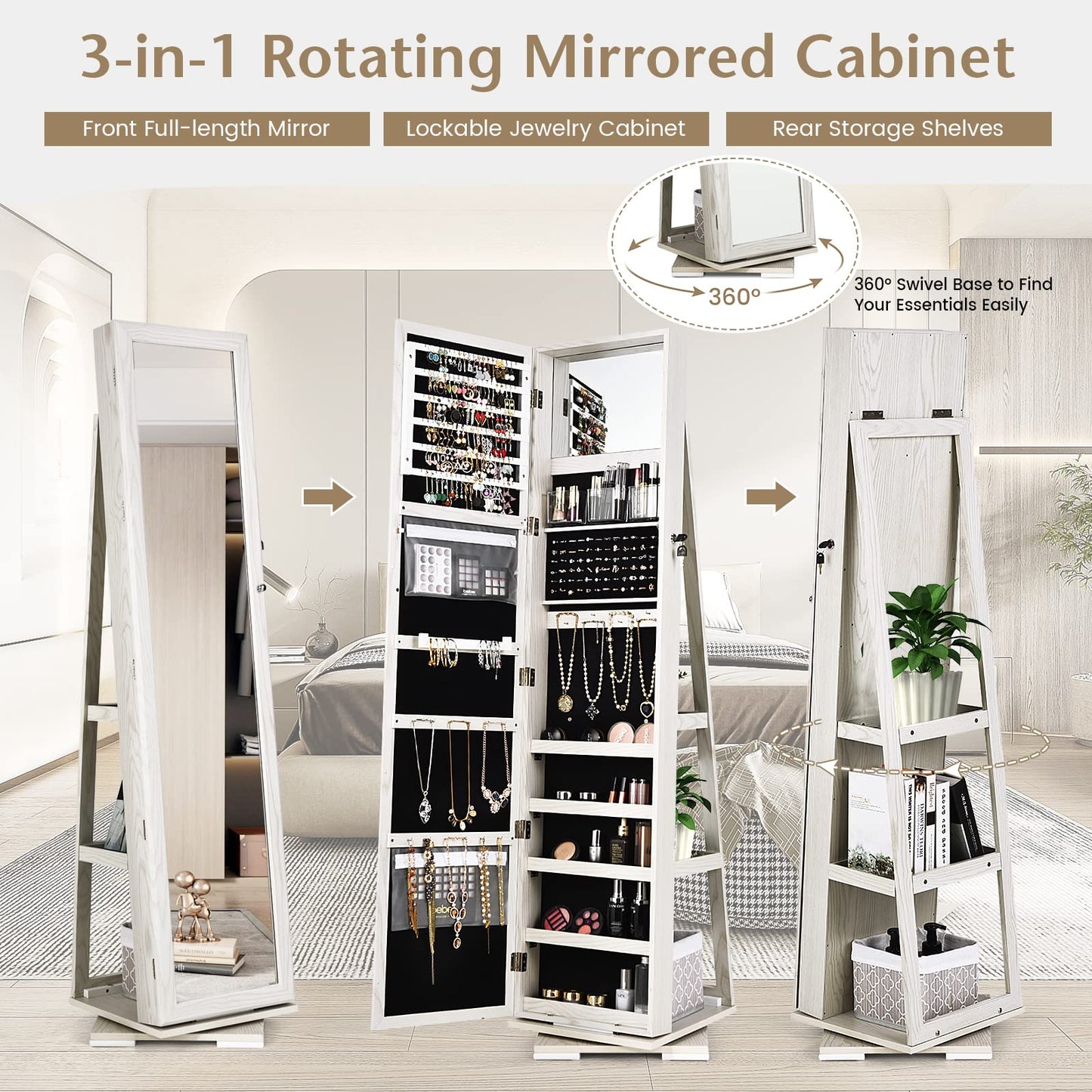 FANTASK 360°Rotating Jewelry Cabinet, Lockable Standing Jewelry Organizer w/Full Length Mirror, Inside Mirror & Rear Storage Shelves, Large Storage Capacity, Jewelry Armoire w/Mirror for Bedroom