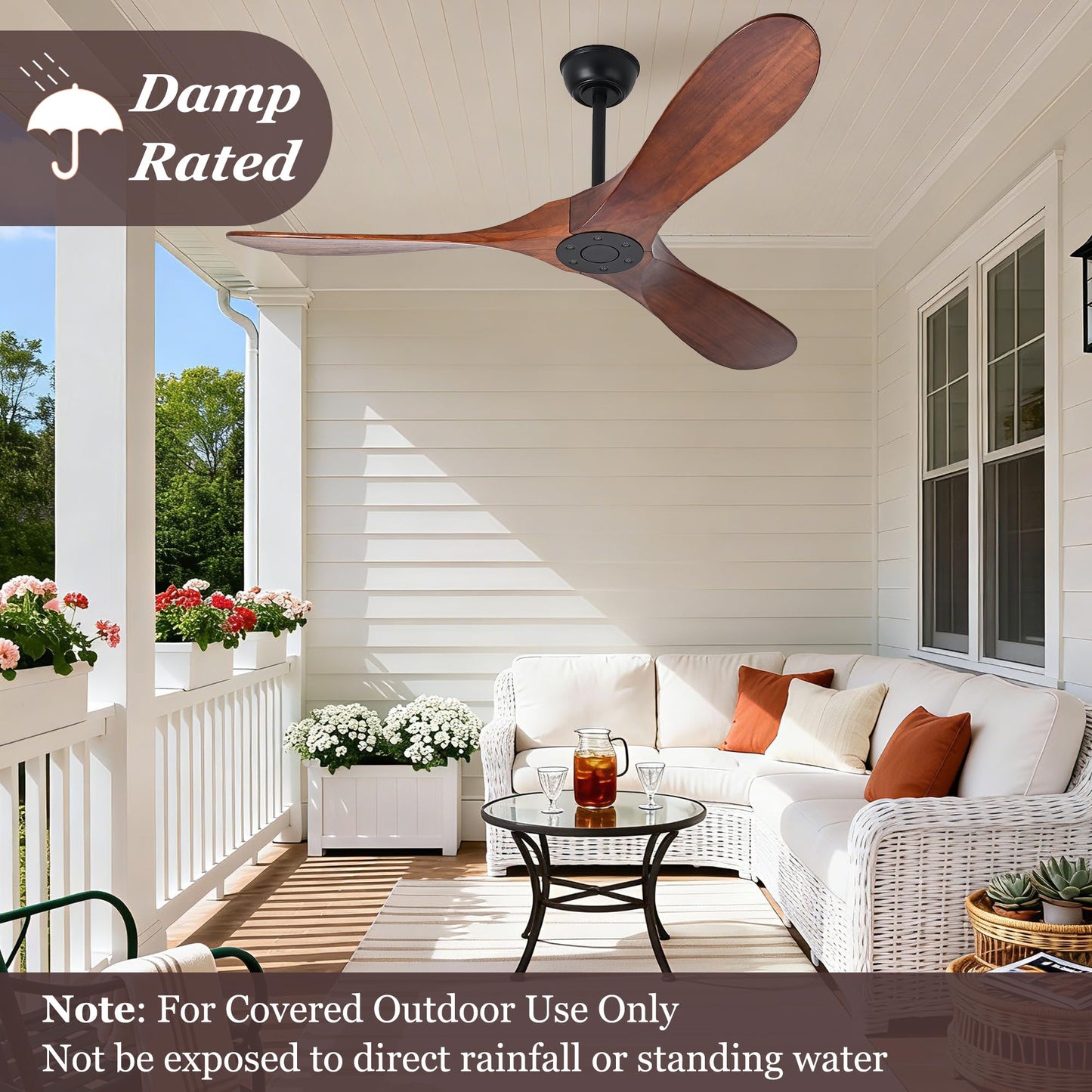 Zronon 52 Inch Ceiling Fan No Light, Wood Outdoor Ceiling Fans for Patios Living Room Bedroom, Indoor Modern 3 Blade Propeller Wet Rated Ceiling Fan without Lights with Remote (Walnut)