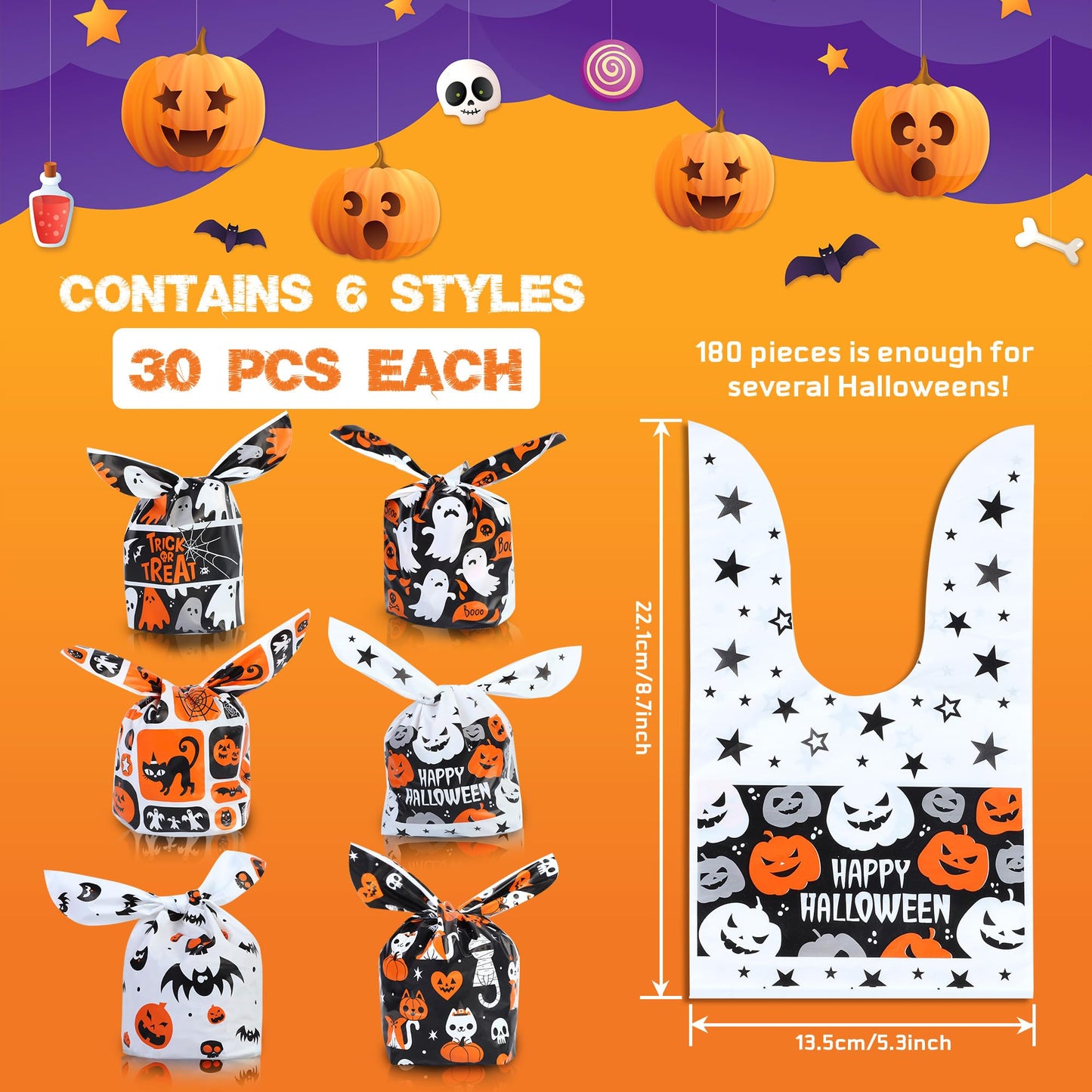 YIHCE Halloween Candy Bags 180 PCS, Cute Rabbit Ear Halloween Treat Bag Bulk, 6 Styles Small Plastic Goodie Bags for Trick or Treat, Pumpkin & Ghost Elements, Party Favor for Party Supplies