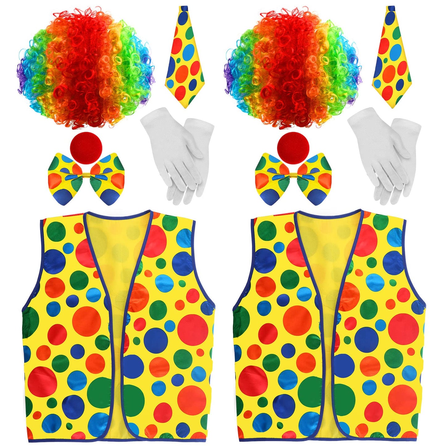 Funtery 12 Pcs Clown Costume Set - Clown Nose, Vest, Wig, Bow, Tie, White Gloves for Circus Cosplay Party