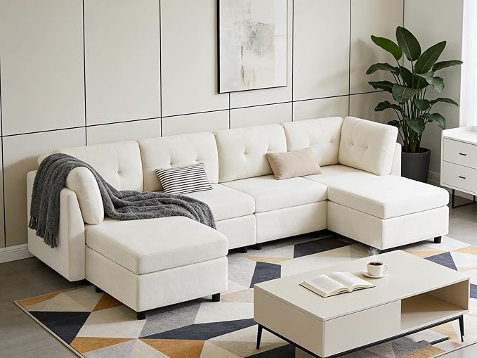 VANOMi 4 Seater Modular Sectional Sofa with 2 Ottomans, 118" Cloud Sofas & Couches, Comfy Chenille Sectional Couches for Living Room, Apartment, Office, White, U Shaped