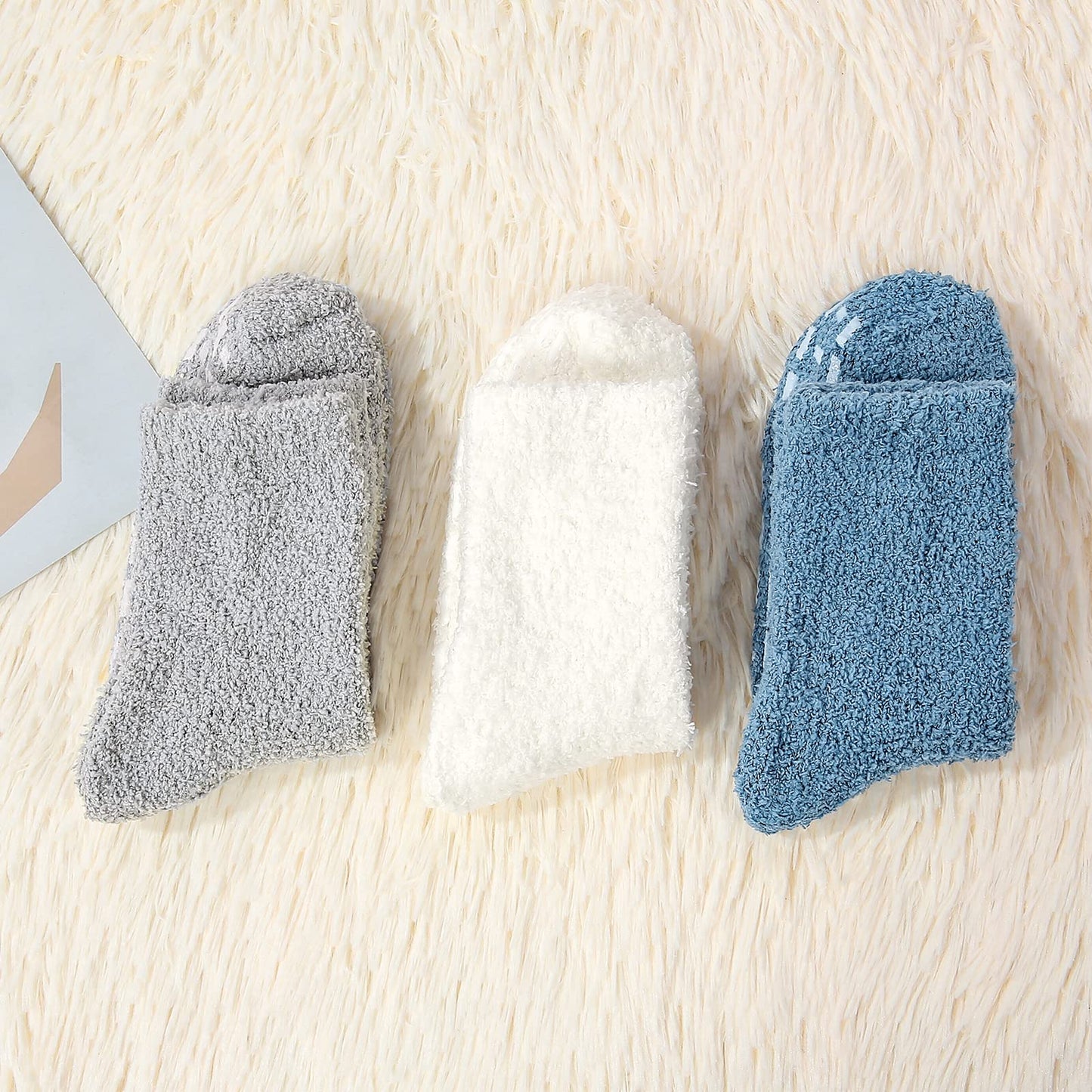 Hospital Non Slip Socks with Grips for Women Fuzzy Fluffy Grippy Warm Slipper Socks with Grip for Women No Slip 3 Pairs Blue Gray White
