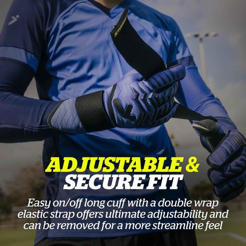 Storelli Electric Goalkeeper Gloves, High-Impact Hand Protection with 5 Removable Finger Spines, German Contact Latex, Wrist Strap, Extended Cuff, Youth & Adults, Unisex, 1 Pair, Blue Charge, Size 9