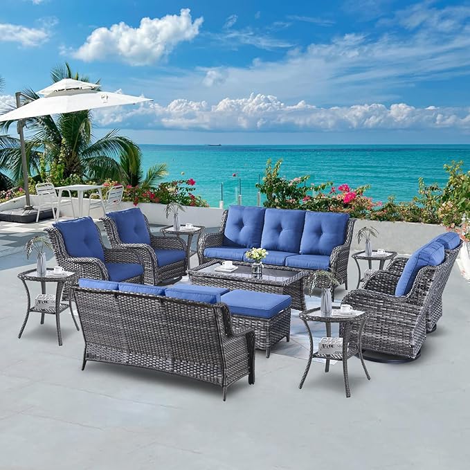 Belord Wicker Patio Furniture Sets - 13 Piece Outdoor Rattan Furniture Conversation Sets with 4 Swivel Rocker Chairs, 2 Rattan Sofas, Wicker Ottomans and Coffee Table, Mixed Grey/Blue